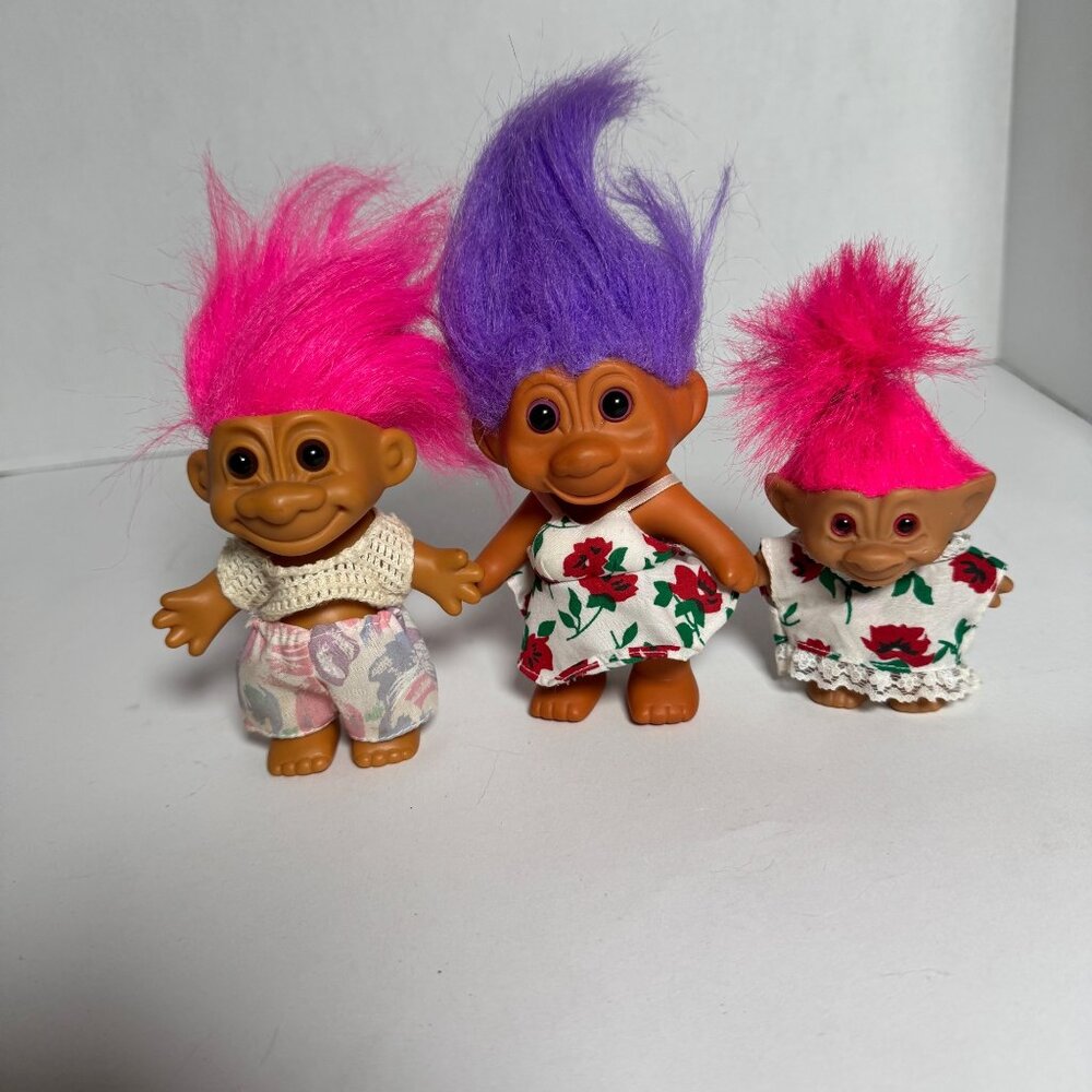 Vintage Troll Dolls Lot of‎ 3 Russ Ace TNT 1991 Pink Purple Hair Outfits